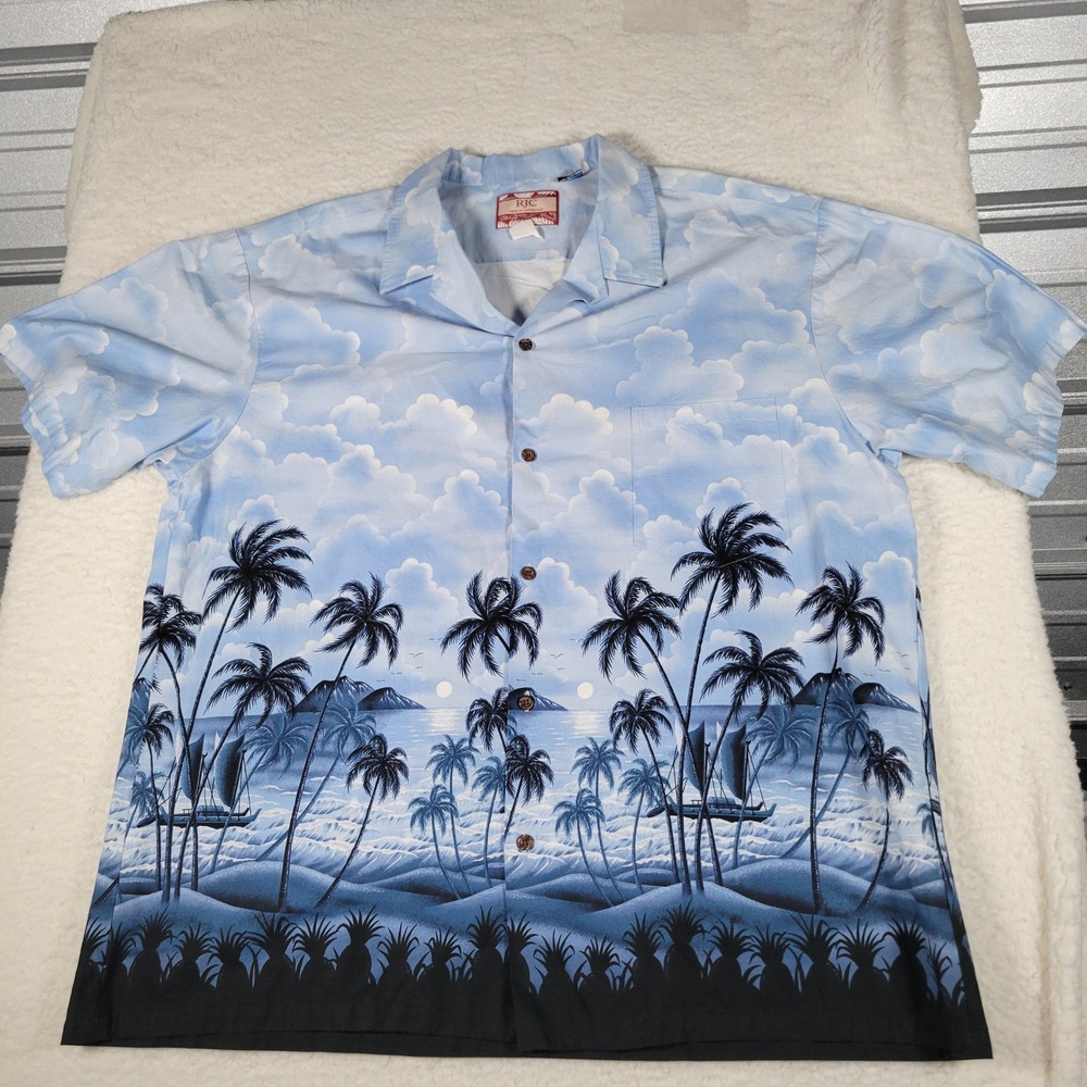 RJC Hawaiian Shirt Mens 3XL Blue Tropical Scenic Palm Tree Short Sleeve Camp
